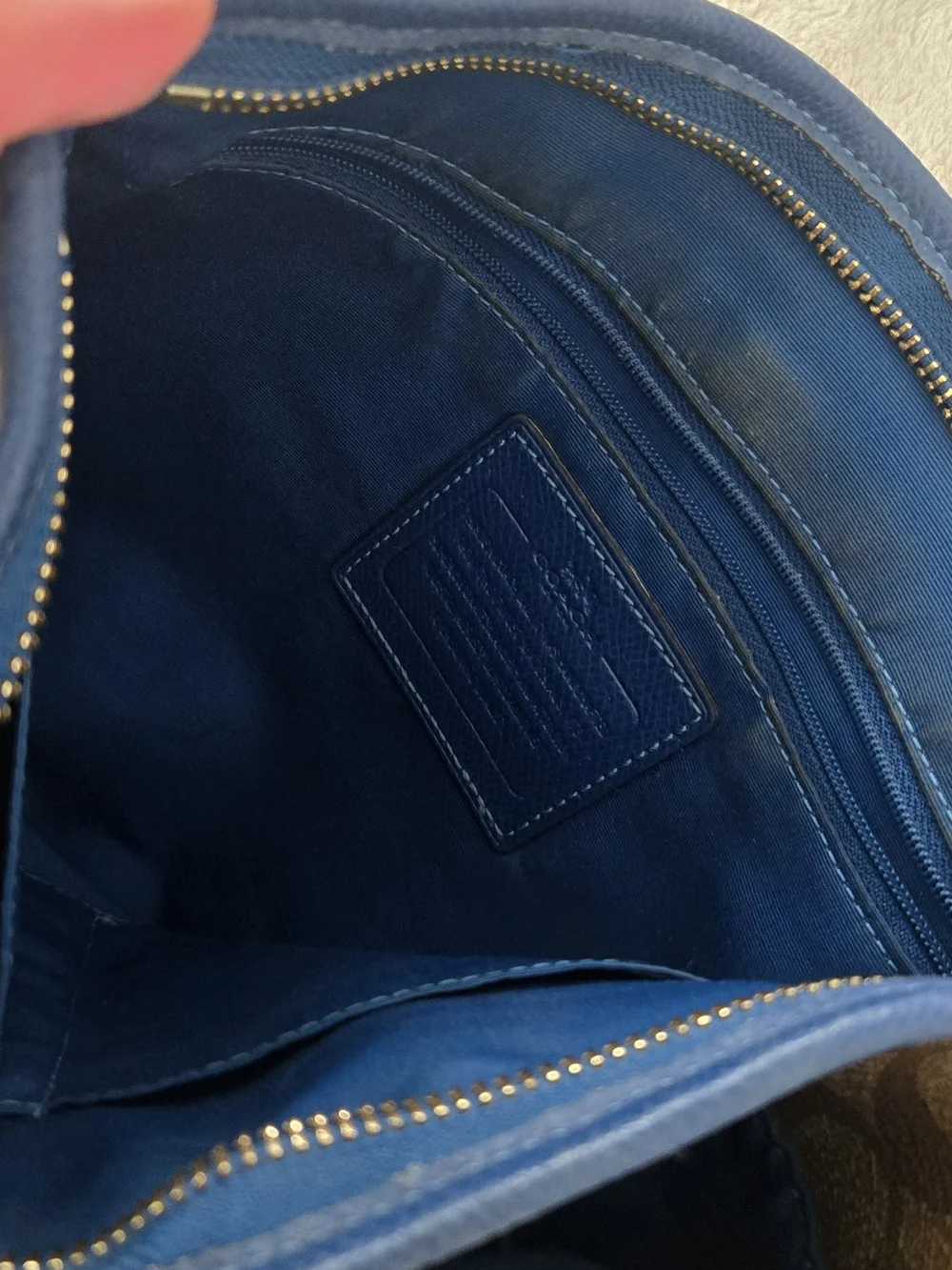 Coach Signature Crossbody Bag in Brown with Blue Trim